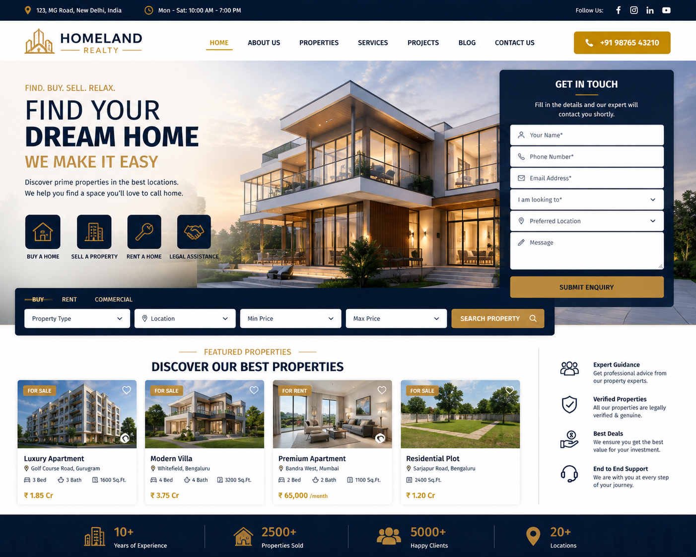 Real estate website design with property search and lead enquiry form