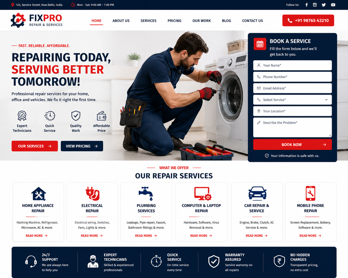 Home appliance and repair service website with booking form