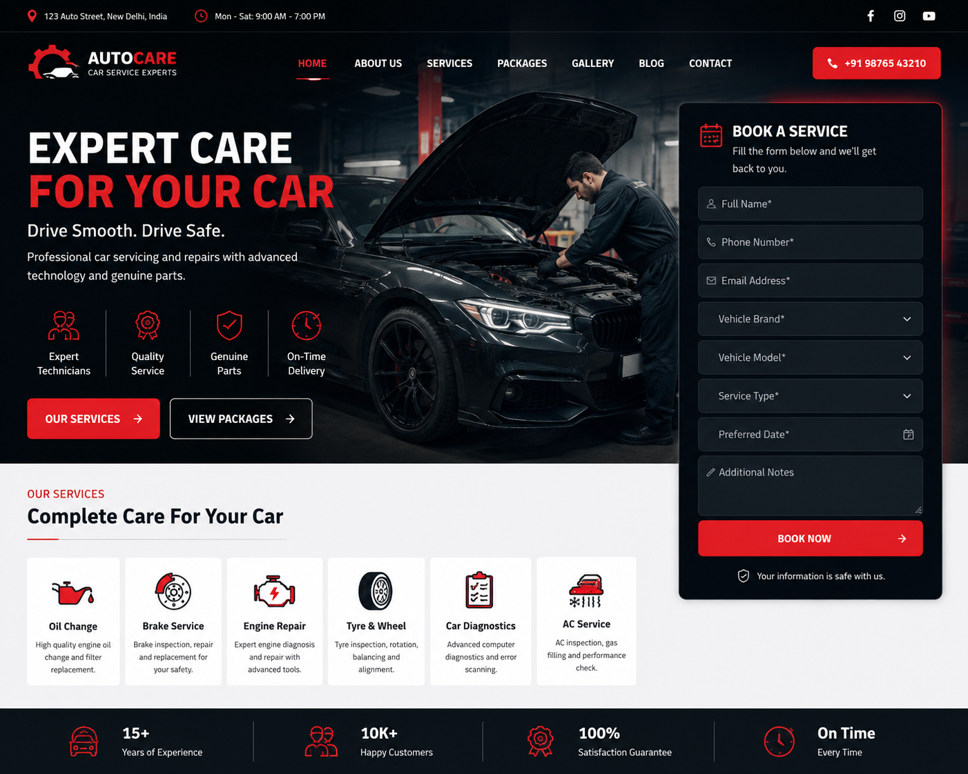 Automotive service website design with car repair booking form